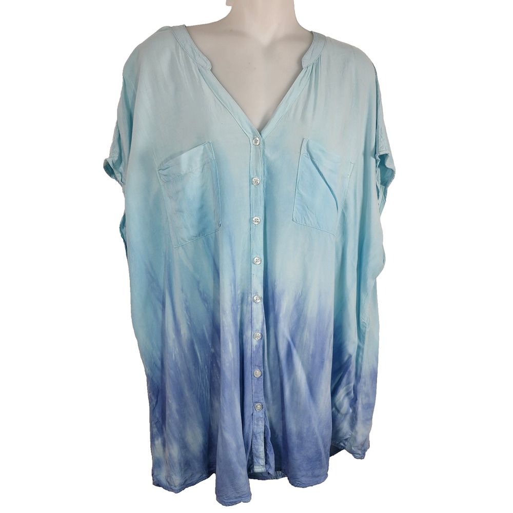 Torrid Womens Tunic Top 2X Dip Dye Challis Button Front Dolman Cap Sleeve Ombre